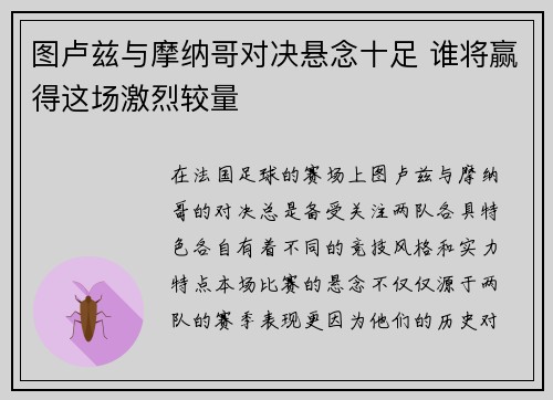 图卢兹与摩纳哥对决悬念十足 谁将赢得这场激烈较量