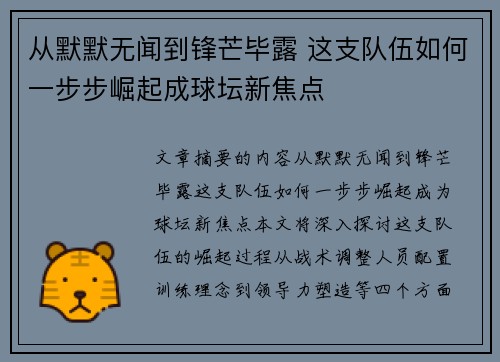 从默默无闻到锋芒毕露 这支队伍如何一步步崛起成球坛新焦点