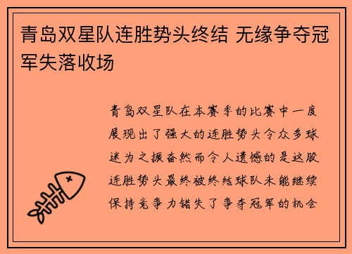 青岛双星队连胜势头终结 无缘争夺冠军失落收场